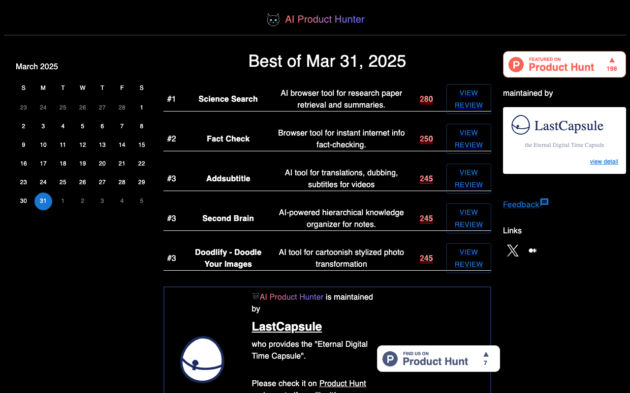 The top page of AI Product Hunter